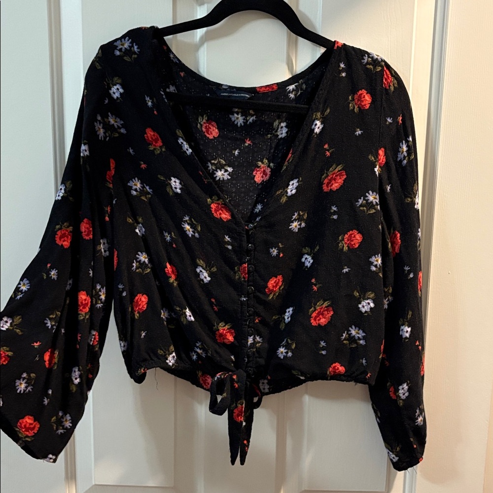 American Eagle Outfitters Black Top with Red and White Floral Design